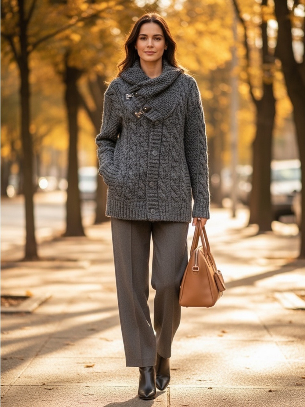 Heavy Knit Buckle Front Long Cardigan Grey Chunky Size M-L GrandpaCore Gorpcore